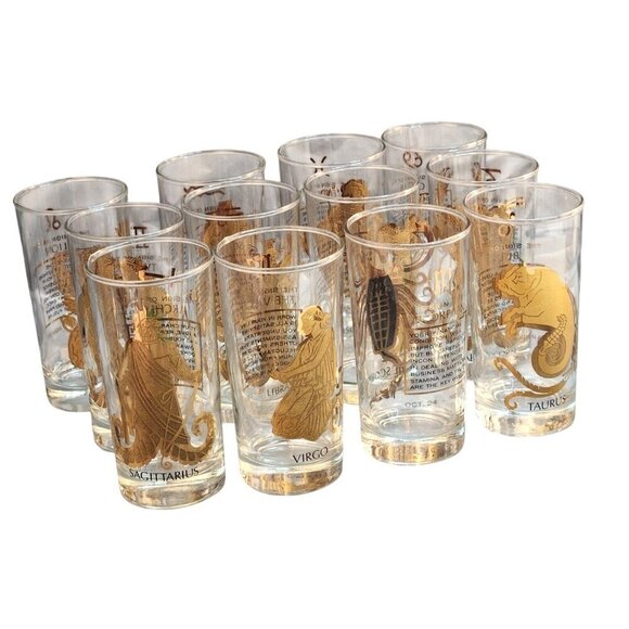 Vintage Mid-Century Libby Zodiac Highball Glasses 23kt Gold  Design Set Of 12 As - Picture 1 of 15